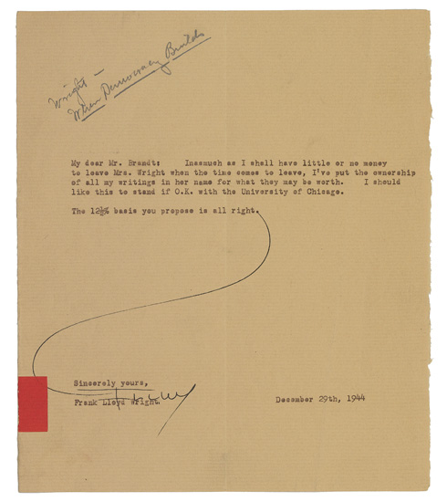 WRIGHT, FRANK LLOYD. Brief Typed Letter Signed, FLLW, to My dear Mr. Brandt: